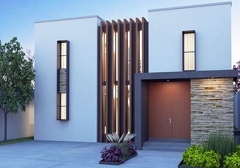 fachada de casa minimalista moderna con piedra natural y madera